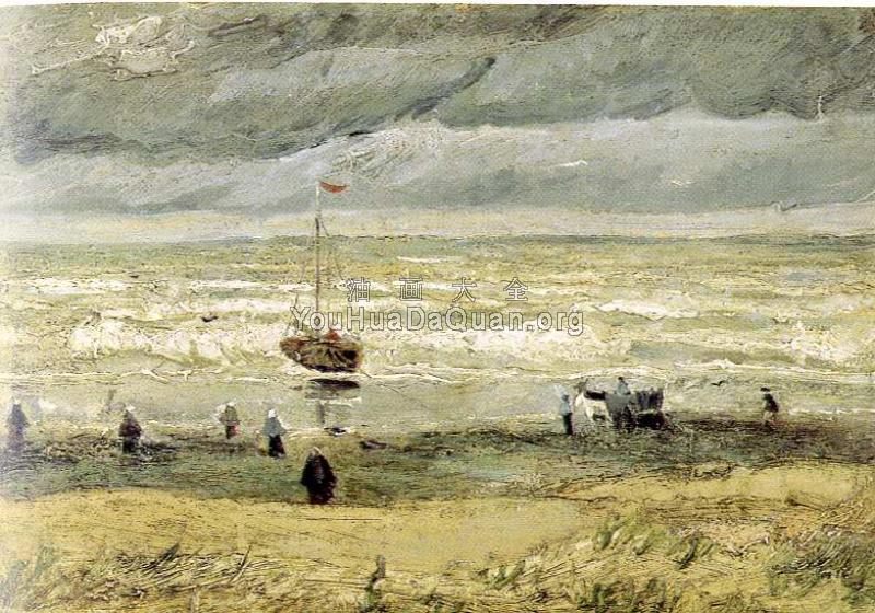 海滩上的人和海上的船 - 文森特·威廉·梵高